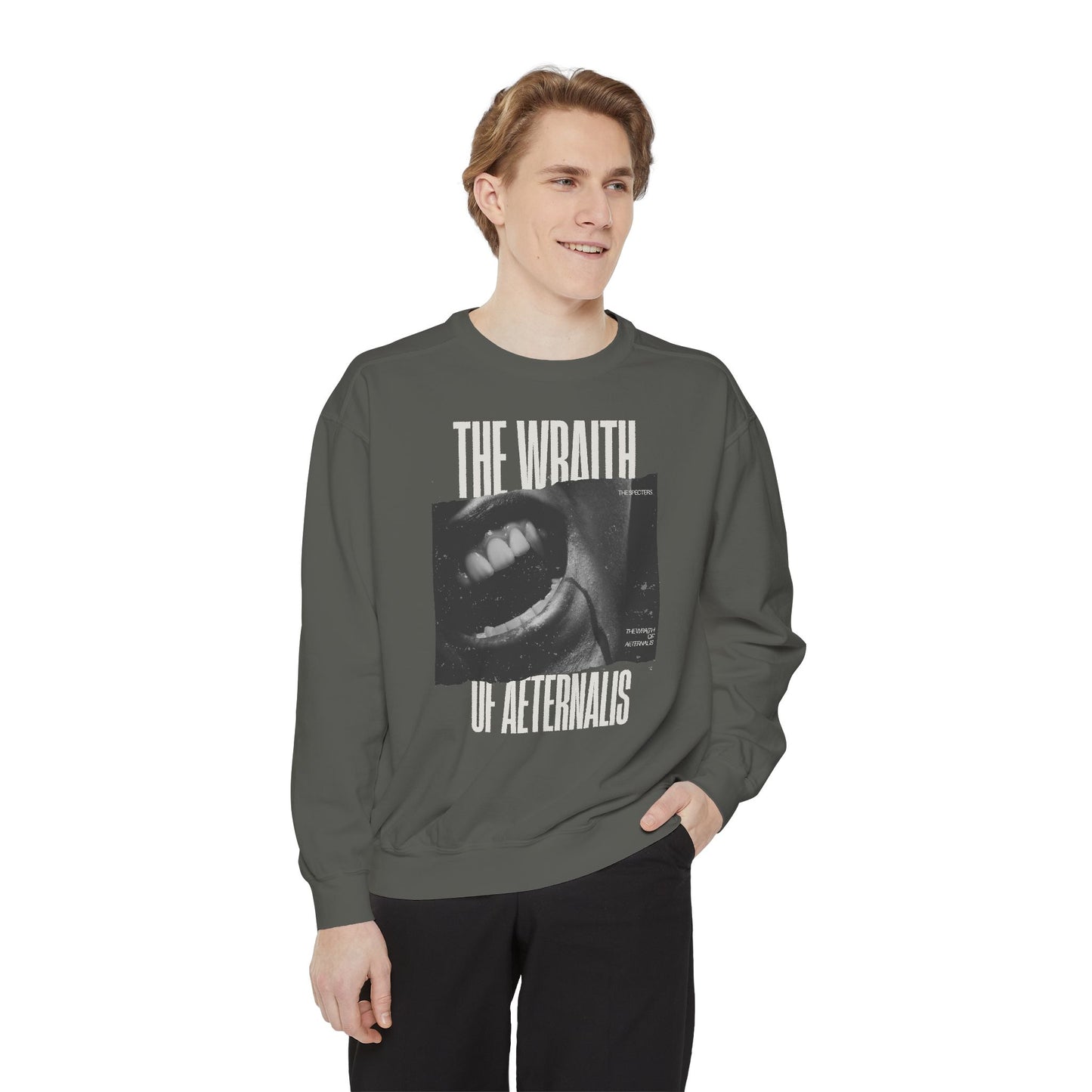 The Wraith of Aeternalis Unisex Garment-Dyed Sweatshirt - Graphic Streetwear with Edgy Quotes
